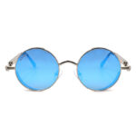 Γυαλιά ηλίου Awear Forte Blue, με ασημί μεταλλικό σκελετό σε στρογγυλό σχήμα και μπλε φακό, φωτογραφημένα σε λευκό φόντο
