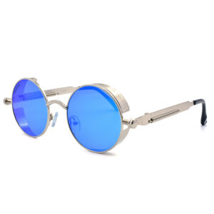 Γυαλιά ηλίου Awear Forte Blue, με ασημί μεταλλικό σκελετό σε στρογγυλό σχήμα και μπλε φακό, φωτογραφημένα σε πλαϊνή λήψη σε λευκό φόντο