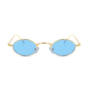 Γυαλιά ηλίου Awear Matteo Blue, με χρυσό μεταλλικό στρογγυλό σκελετό και γαλάζιο φακό, φωτογραφημένα σε λευκό φόντο