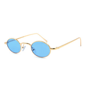 Γυαλιά ηλίου Awear Matteo Blue, με χρυσό μεταλλικό στρογγυλό σκελετό και γαλάζιο φακό, φωτογραφημένα σε πλαϊνή λήψη σε λευκό φόντο
