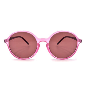 Γυναικεία γυαλιά ηλίου Awear Billie Pink, με στρογγυλό σκελετό σε ροζ διαφανές χρώμα, μοβ βραχίονα και ροζ φακό, φωτογραφημένα σε λευκό φόντο