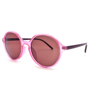 Γυναικεία γυαλιά ηλίου Awear Billie Pink, με στρογγυλό σκελετό σε ροζ διαφανές χρώμα, μοβ βραχίονα και ροζ φακό, φωτογραφημένα σε πλαϊνή λήψη σε λευκό φόντο
