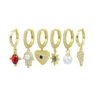 Σκουλαρίκια σετ εξι τεμαχίων σε χρυσό χρώμα, με καρδούλα, αστέρι και πέρλα