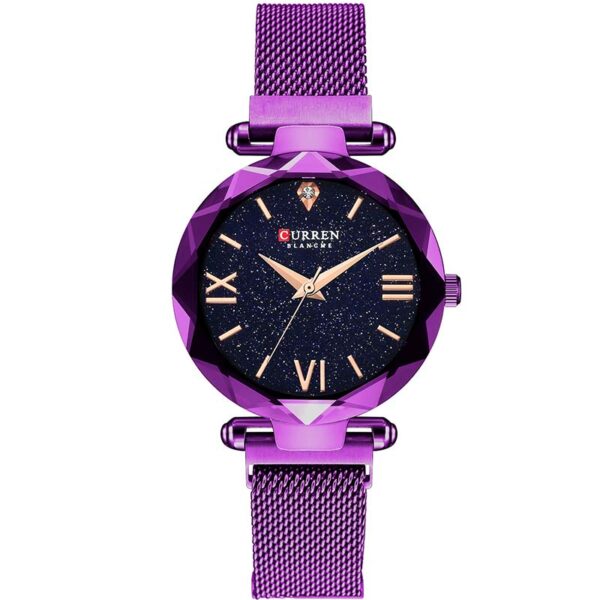 Γυναικείο ρολόι Curren 9063 Purple, με μοβ μπρασελέ πλέγμα και μπλε καντράν