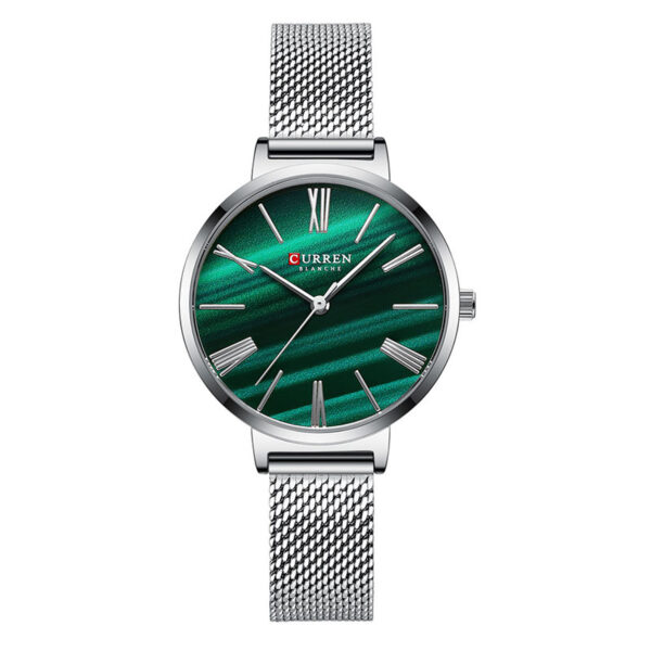Γυναικείο ρολόι Curren 9076 Silver Green, με ασημί μπρασελέ πλέγμα και πράσινο καντράν