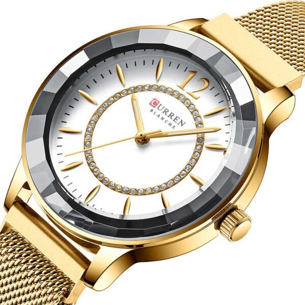 Γυναικείο ρολόι Curren 9066 Gold, με λευκό καντράν διακοσμημένο με στρας και χρυσές λεπτομέρειες