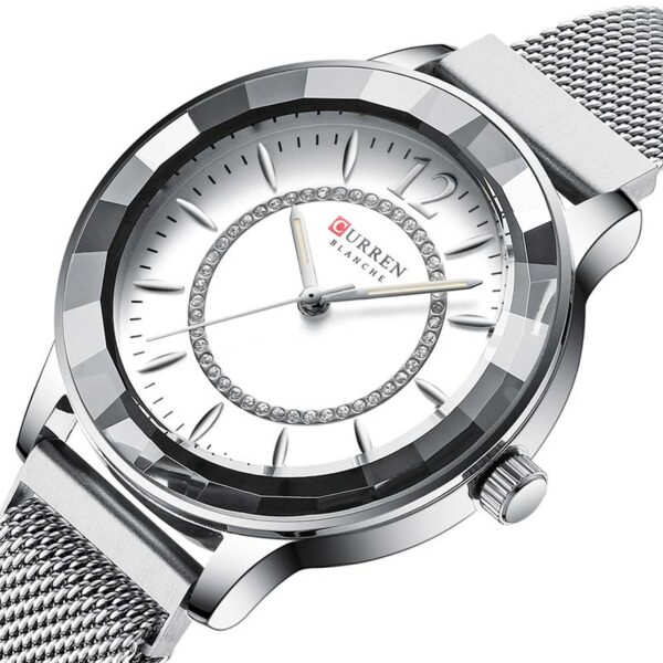 Γυναικείο ρολόι Curren 9066 Silver, με λευκό καντράν διακοσμημένο με στρας και ασημί λεπτομέρειες