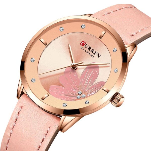 Γυναικείο ρολόι Curren 9048, με ροζ χρυσό καντράν με στρας και ροζ λουλούδι