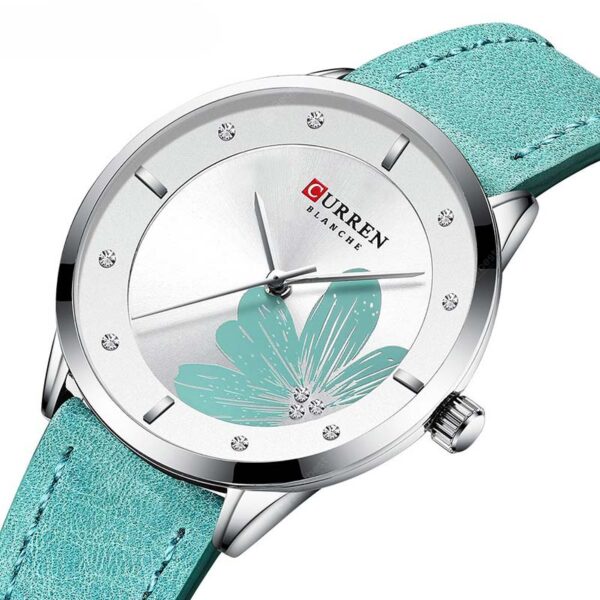 Γυναικείο ρολόι Curren 9048, με ασημί καντράν με στρας και πράσινο λουλούδι