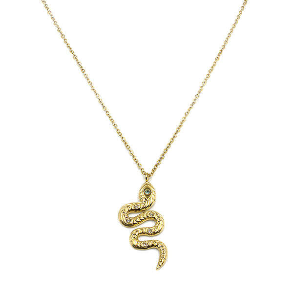 Γυναικείο κολιέ με χρυσή αλυσίδα και στοιχείο φίδι με λευκό ζιργκόν ματάκι