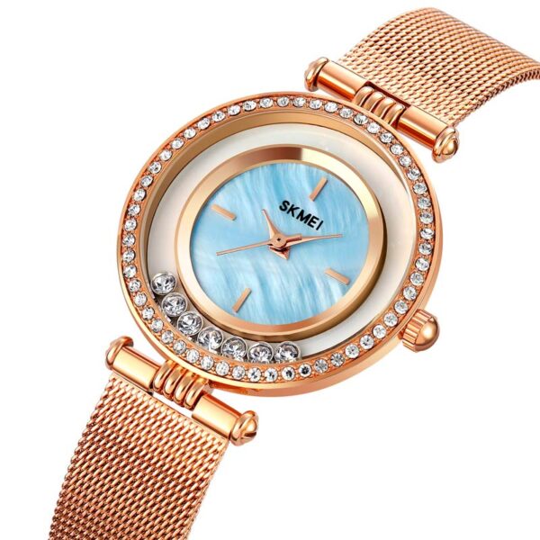 Ρολόι γυναικείο με ροζ χρυσό μπρασελέ και γαλάζιο καντράν με στρας, SKMEI 1785 Blue