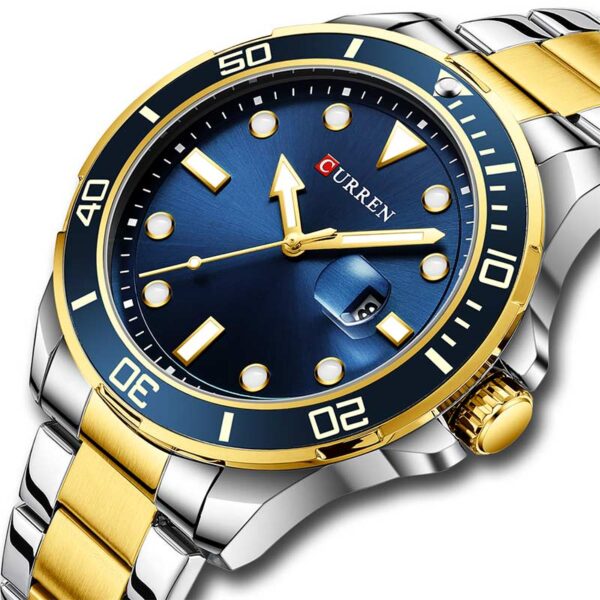 Curren 8388 Gold Blue, ανδρικό ρολόι με μπρασελέ και καντράν με ημερομηνία