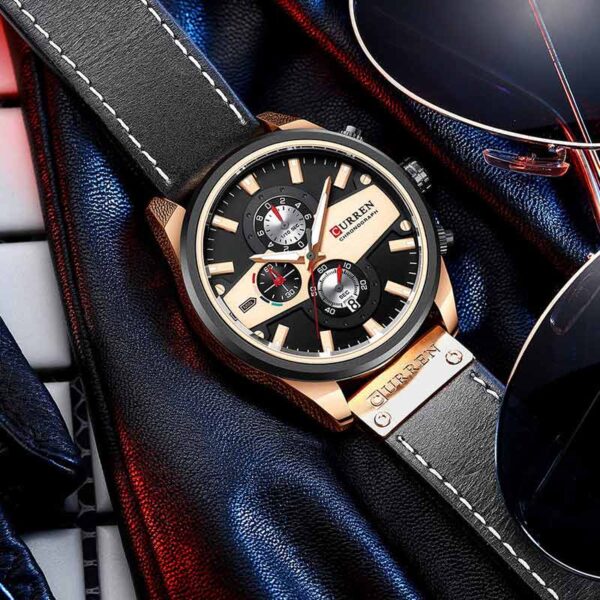 Ανδρικό ρολόι με μαύρο δερμάτινο λουράκι και καντράν με ροζ χρυσές λεπτομέρειες, Curren 8394 Black