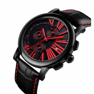 SKMEI 9196 Red ανδρικό ρολόι με μαύρο δερμάτινο λουράκι