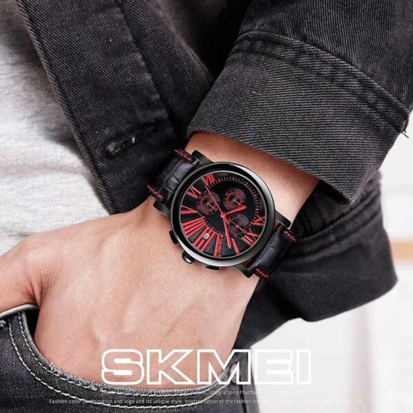 SKMEI 9196 Red ανδρικό ρολόι με δερμάτινο λουράκι και καντράν με ένδειξη ημερομηνίας