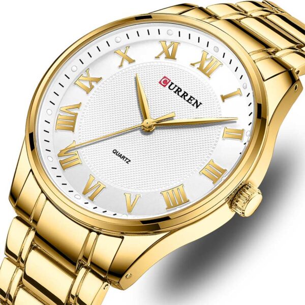 Curren 8409 Gold White ανδρικό ρολόι με χρυσό μπρασελέ, σε πλαϊνή λήψη