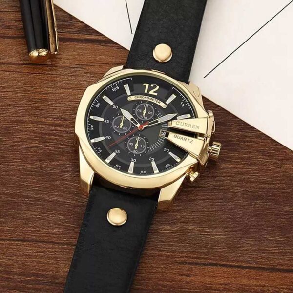 Curren 8176 Black Gold ανδρικό ρολόι με δερμάτινο λουράκι και χρυσές λεπτομέρειες στο καντράν