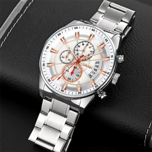 Skmei 9285 Silver White ανδρικό ρολόι με ασημί μπρασελέ και λευκό καντράν