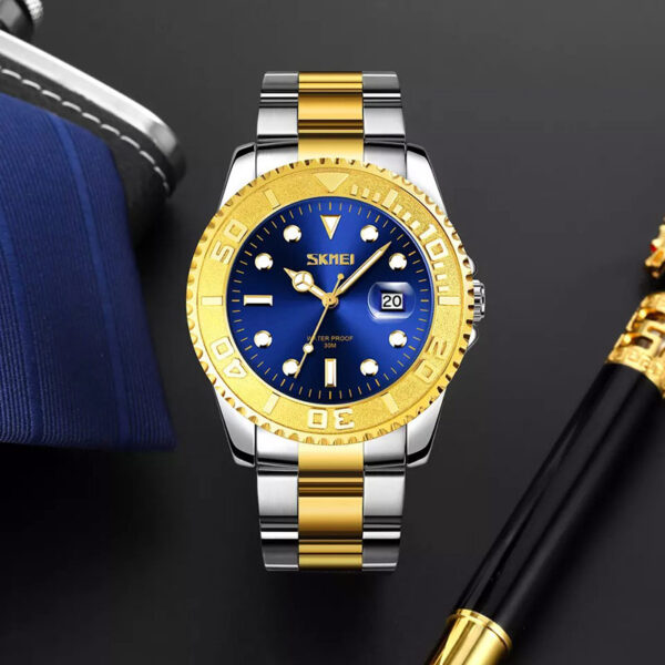Skmei 9295 Gold Blue ανδρικό ρολόι με μπρασελέ και μπλε καντράν με ημερομηνία
