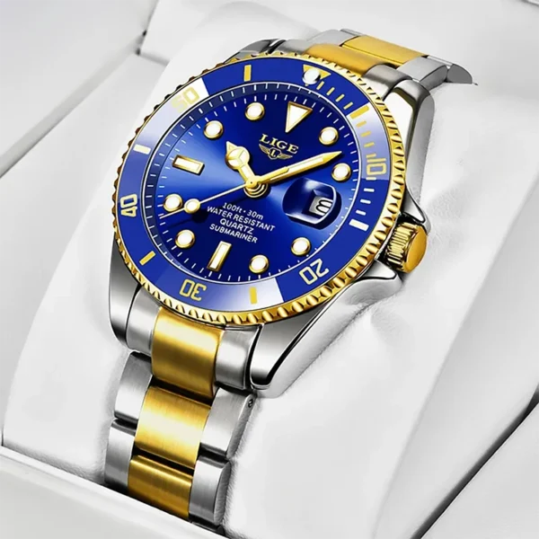 Lige 10045 Gold Blue ανδρικό ρολόι με μπρασελέ και ένδειξη ημερομηνίας