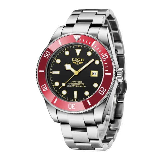 Lige 8958 silver red ανδρικό ρολόι με ασημί μπρασελέ