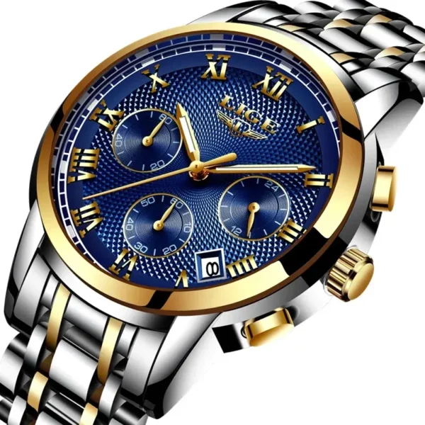 Ling 9849 silver blue ανδρικό ρολόι, μπρασελέ ανοξείδωτο ατσάλι με χρονογράφους