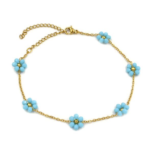 βραχιόλι ποδιού χρυσή ατσάλινη αλυσίδα με λουλούδια awear margarita blue