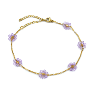 βραχιόλι ποδιού χρυσή ατσάλινη αλυσίδα με λουλούδια awear margarita purple